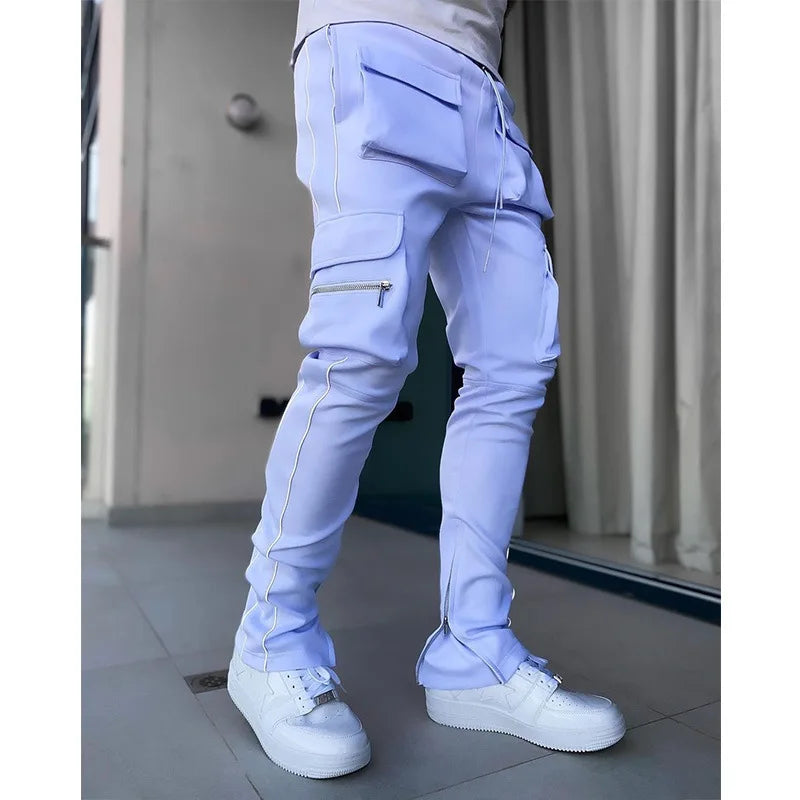 Spring And Autumn Cargo Pants Men's Fashion Brand Elastic Multi-bag Reflective Straight Leg Sports Fitness Casual Pants