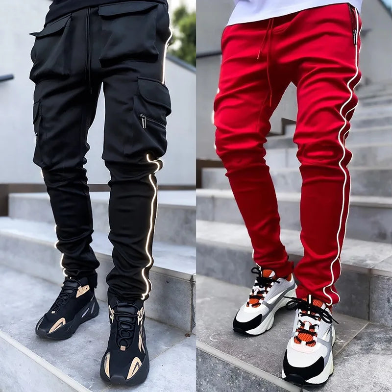 Spring And Autumn Cargo Pants Men's Fashion Brand Elastic Multi-bag Reflective Straight Leg Sports Fitness Casual Pants