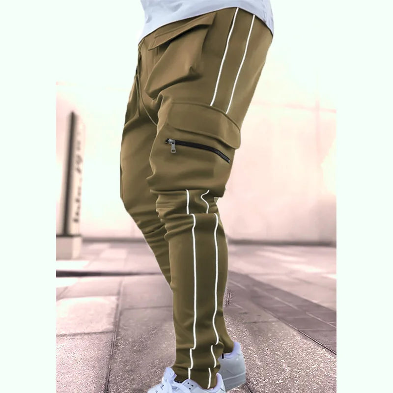 Spring And Autumn Cargo Pants Men's Fashion Brand Elastic Multi-bag Reflective Straight Leg Sports Fitness Casual Pants