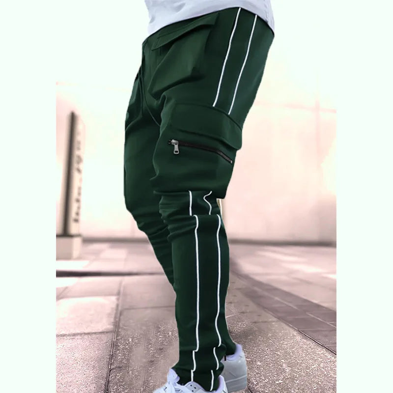 Spring And Autumn Cargo Pants Men's Fashion Brand Elastic Multi-bag Reflective Straight Leg Sports Fitness Casual Pants