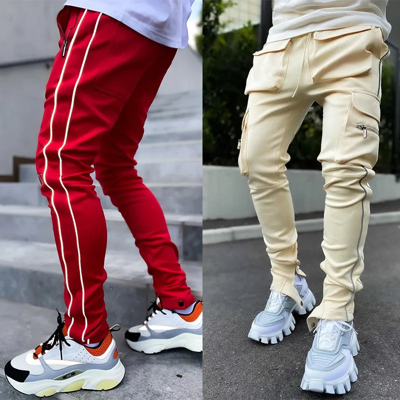 Spring And Autumn Cargo Pants Men's Fashion Brand Elastic Multi-bag Reflective Straight Leg Sports Fitness Casual Pants