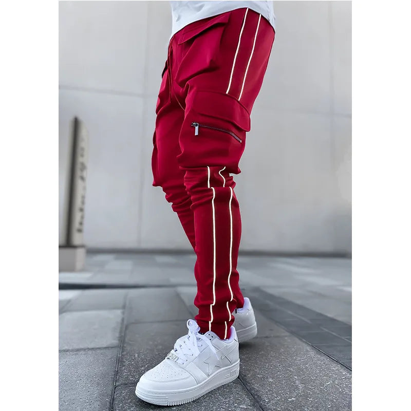Spring And Autumn Cargo Pants Men's Fashion Brand Elastic Multi-bag Reflective Straight Leg Sports Fitness Casual Pants